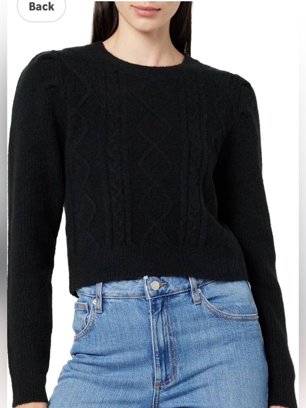THE DROP Puff Sleeve Cable Knit Sweater in Black